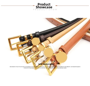 Collection of thin leather belts in five colors with polished gold square metal buckles