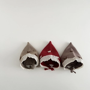 Nordic knitted baby pixie bonnet with lace trim and bow in red, brown and purple