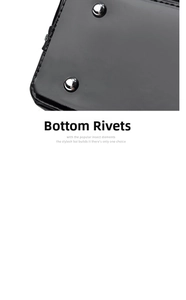 Gros plan des rivets de protection en argent sur sac à main en cuir verni noir