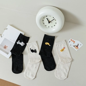 Cute speckled knit socks with cat, dog, and shrimp embroidery in black and cream beige