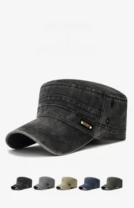 Detail of washed cotton cadet caps with vintage finish and side metal eyelets in five colors