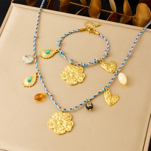 Ensemble de Bijoux Bohème en Acier Inoxydable Plaqué Or Femme Pendentif Fleur Cœur Turquoise Collier Bracelet Corde