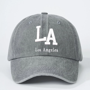 Unisex grey washed cotton baseball cap with white LA Los Angeles embroidery on front