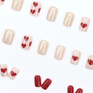 Short red heart and gold glitter press-on nail kit with glossy finish and square-round shape