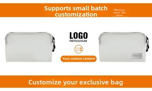 Detail of white translucent cosmetic bags showing silver logo tag and black zipper strap