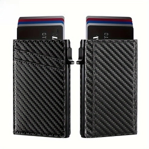 Automatic Pop-Up Card Holder RFID Blocking Carbon Fiber Aluminum Alloy PU Leather Slim Minimalist Wallet