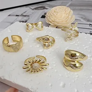 6pcs set of 18K gold plated adjustable rings with zirconia heart and butterfly motifs