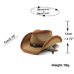 Detail view of western straw cowboy hat with bull head emblem and size specifications