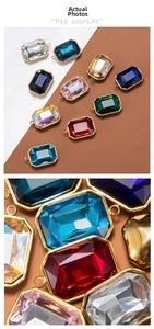 Macro detail of multi-colored faceted glass rectangular pendants with gold metal edge