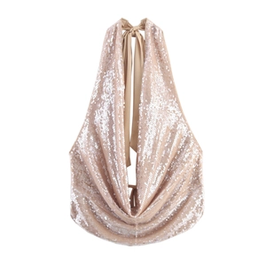 Sparkly champagne gold sequin halter top with cowl neck for party and evening wear