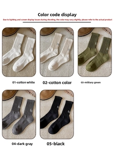 Detail of ribbed cotton crew socks in five colors paired with brown leather shoes