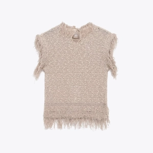 Beige chunky knit tank top for women featuring stylish fringe hem on white background