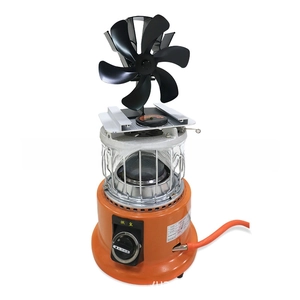 Detail view of portable orange gas heater with heat powered 6-blade fan for warm air flow