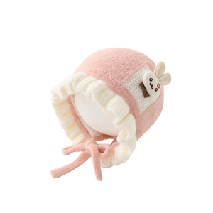 Baby girl pink knitted bonnet with rabbit patch and ruffles for winter warmth