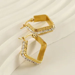 Square 18K gold plated stainless steel hoop earrings with Greek key pattern and zircons