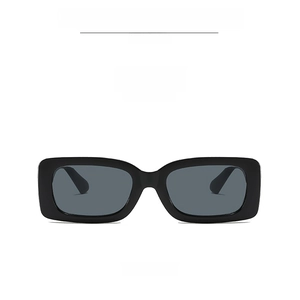 Front view of modern black rectangular sunglasses with dark grey lenses in high detail