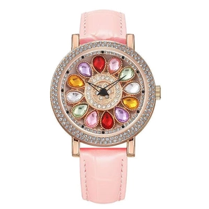 Luxury women watch with pink leather strap and rose gold flower dial set with crystals