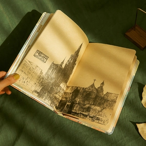 A5 vintage notebook with kraft paper pages featuring European architectural sketches