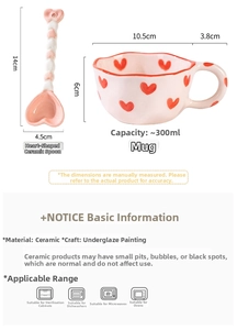 Ceramic heart mug set with spoon and 300ml capacity details for microwave and oven