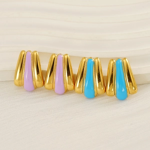 Vintage 18k gold plated ribbed stainless steel stud earrings with colorful enamel fill
