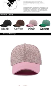 Detailed view of floral textured baseball caps in four colors with head size guide