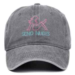 Detail of pink silhouette embroidery and blue text on dark gray washed cotton baseball cap