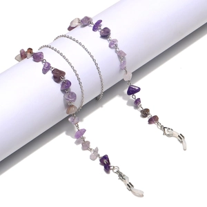 Fashionable eyeglass chain with natural purple amethyst beads and silver metal chain link
