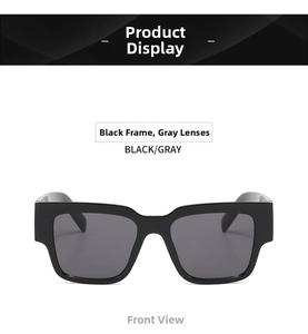 Front view of rectangular thick frame sunglasses in black with gray tinted lenses
