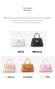 Detailed grid view of quilted handbags in white, black, beige, brown, and pink with chain straps