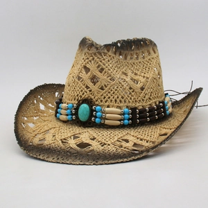 Vintage hollow straw western cowboy hat with ethnic turquoise beads and gradient brim