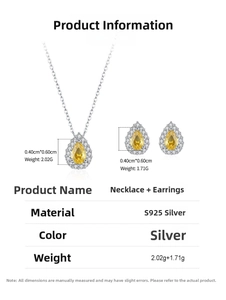 Macro detail of S925 sterling silver drop jewelry set featuring yellow pear-shaped gemstones
