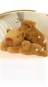 Size comparison of soft brown capybara plush toys in small, medium, and large sizes