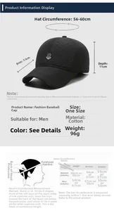 Size chart showing baseball cap dimensions with 56-60cm circumference and measurement guide