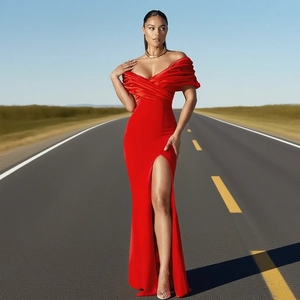 Elegant red off-shoulder evening gown with high slit and pleated satin floor-length design