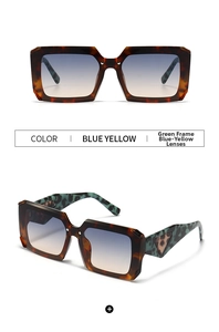 Detail of square oversized sunglasses with blue-yellow gradient lenses and leopard temples
