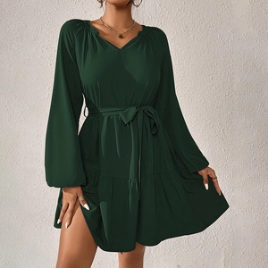 Mini Abito Donna Scollo V Maniche Lunghe Poliestere Cintura Vita Orlo Balze Sovrapposte Tinta Unita Casuale Elegante Moda