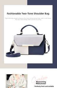 Detail of color-block flap bag with gold metal clasp and blue leather top handle