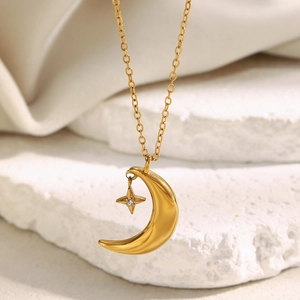 Moon Star Pendant Necklace 18K Gold Plated Stainless Steel With Zircon Delicate Fashion Jewelry For Women Gift
