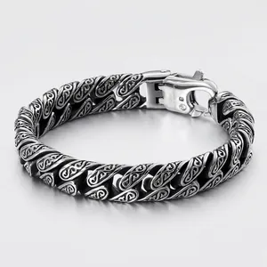 Vintage punk men's 316L stainless steel chain bracelet with intricate engraved patterns