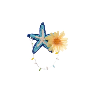 Blue raffia starfish and yellow fabric flower hair clip with beaded chain for beach vacation