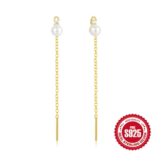 Elegant S925 sterling silver long tassel drop earrings with white pearls and zircons
