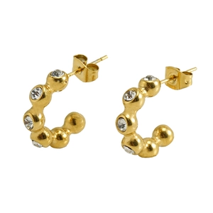 18K gold-plated stainless steel C-shaped earrings with clear zircon stones set on white background