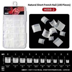 Short French half-well nail tips in clear finish with size chart guide 100pcs