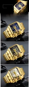 Detail of Oulm oversized square watches with gold steel straps in various dial colors