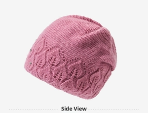 Detailed pink knit beanie featuring leaf-shaped patterns and silver rhinestone accents