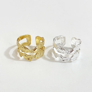 925 Sterling Silver Ring Women Irregular Wrinkle Texture Double Layer Adjustable Open Finger Band 18K Gold Plated Ins