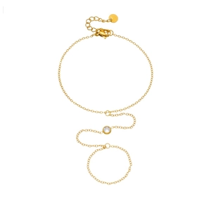 Bracelet bague en acier inoxydable plaqué or 18 carats avec cristal rond serti clos