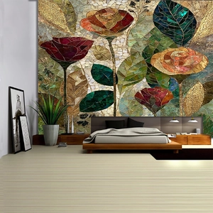 Close-up of mosaic mural with vibrant red roses and gold leaves in a bedroom setting