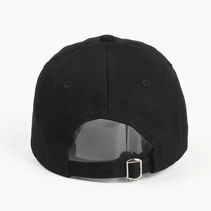 Classic black cotton baseball cap with adjustable silver metal buckle and breathable eyelets