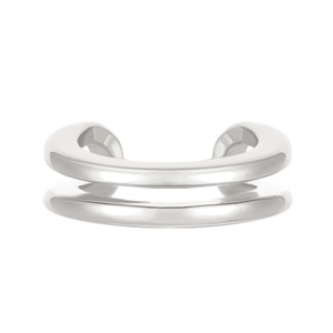 Detailed view of silver minimalist double-layered ear cuff with polished metallic finish